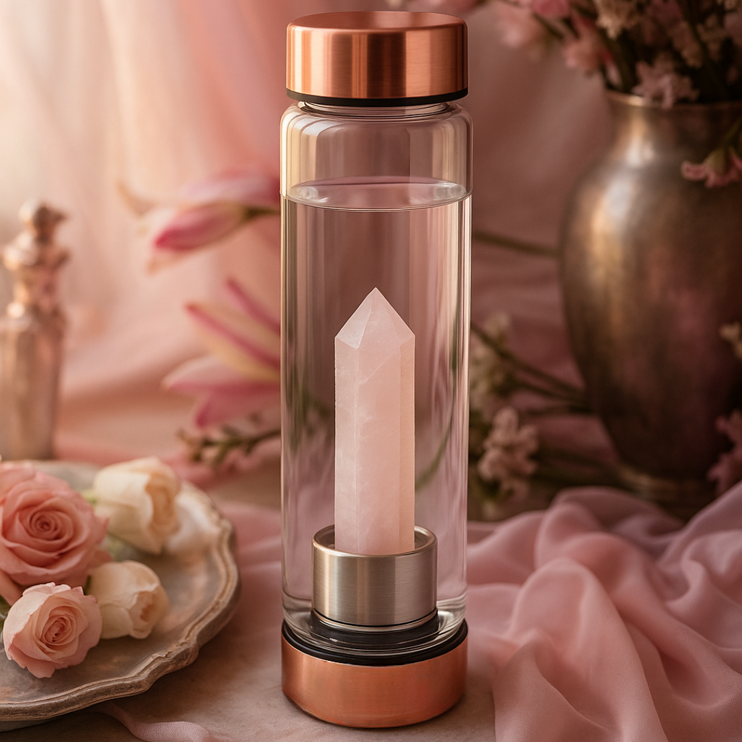 Botella Amuleto™ con Cuarzo Rosado para Amar y Perdonar