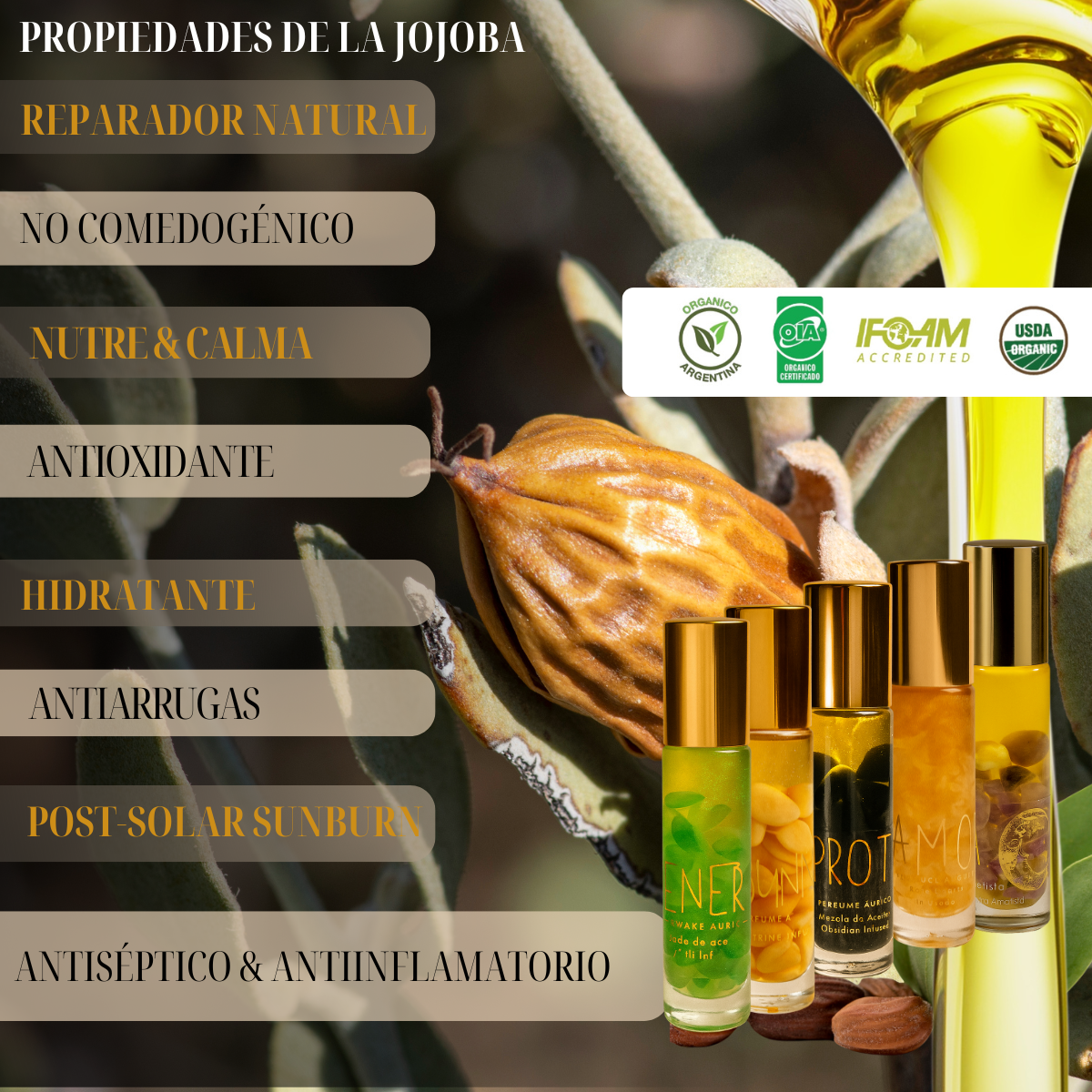 Roll On Áurico Con Piedras Cuarzos, Aceites esenciales, Flores de Bach, Aromaterapia, Gold para la Calma, Amor, Abundancia, Protección y Amor