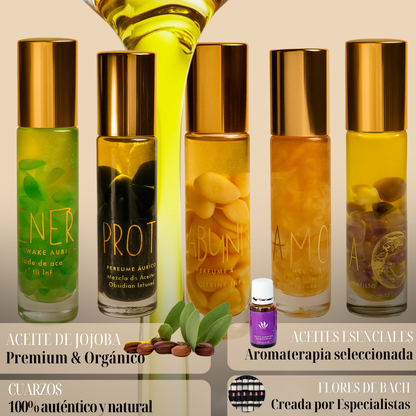 Roll On Áurico Con Piedras Cuarzos, Aceites esenciales, Flores de Bach, Aromaterapia, Gold para la Calma, Amor, Abundancia, Protección y Amor