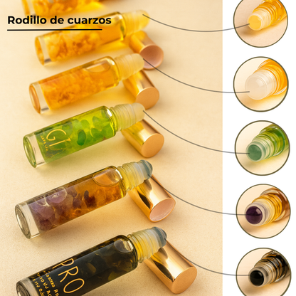 Roll On Áurico Con Piedras Cuarzos, Aceites esenciales, Flores de Bach, Aromaterapia, Gold para la Calma, Amor, Abundancia, Protección y Amor